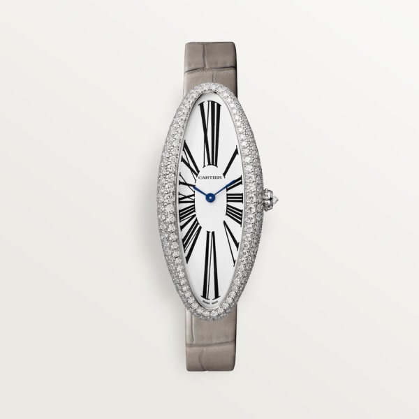 Reloj Baignoire Allongée Tamaño mediano, movimiento mecánico de cuerda manual, oro blanco, diamantes
