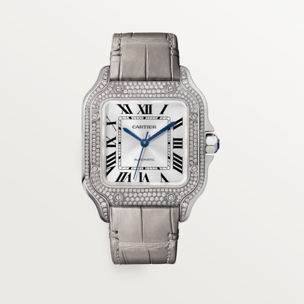 Reloj Santos de Cartier Tamaño mediano, movimiento automático, oro blanco, diamantes, dos correas de piel intercambiables