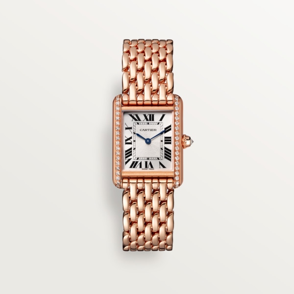 Reloj Tank Louis Cartier Tamaño pequeño, movimiento mecánico de cuerda manual, oro rosa, diamantes