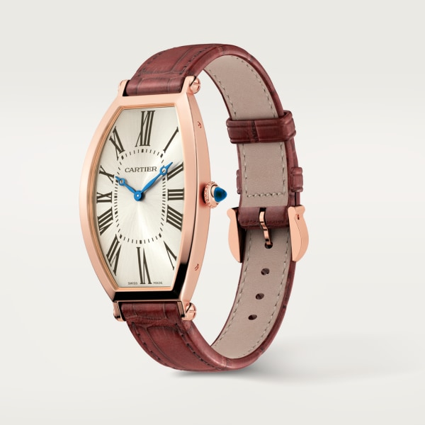 Tonneau watch Large model, hand-wound mechanical movement, rose gold, leather