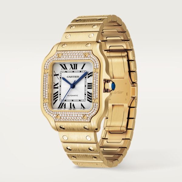 Reloj Santos de Cartier Tamaño mediano, movimiento automático, oro amarillo, diamantes, brazalete de metal y correa de piel intercambiables