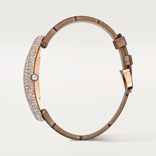 Reloj Baignoire Allongée Tamaño mediano, movimiento mecánico de cuerda manual, oro rosa, diamantes
