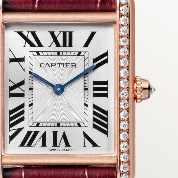 Reloj Tank Louis Cartier Tamaño grande, movimiento mecánico de cuerda manual, oro rosa, diamantes, piel