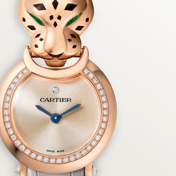 Reloj La Panthère de Cartier Tamaño pequeño, movimiento de cuarzo, oro rosa, diamantes, piel