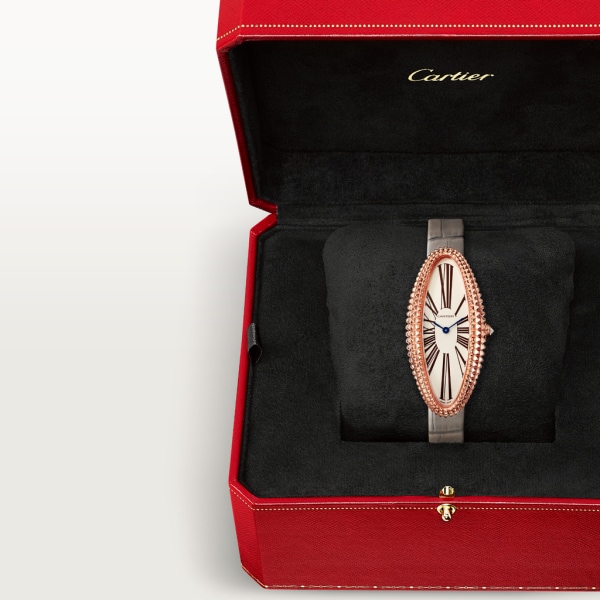 Reloj Baignoire Allongée Tamaño mediano, movimiento mecánico de cuerda manual, oro rosa