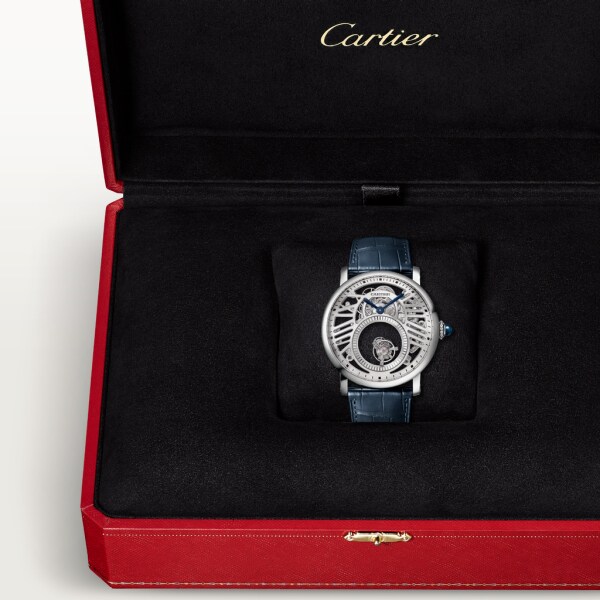 Rotonde de Cartier Mysterious Double Tourbillon watch 45mm, hand-wound mechanical movement, platinum, leather
