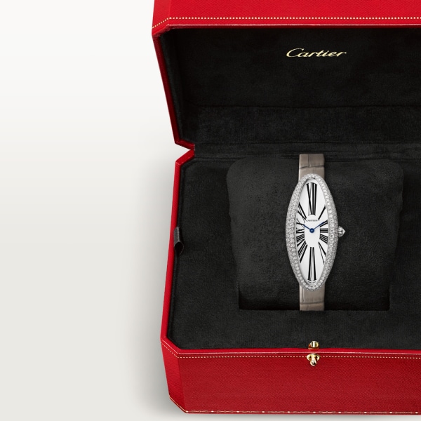 Baignoire Allongée Mittleres Modell, mechanisches Uhrwerk mit Handaufzug, Weißgold, Diamanten
