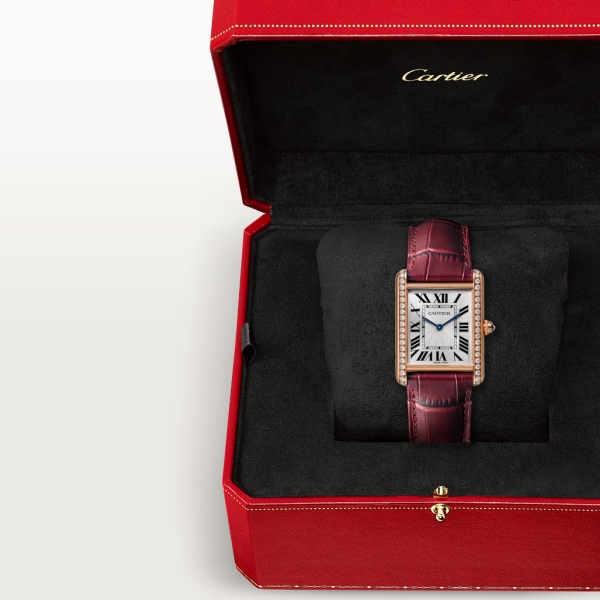 Reloj Tank Louis Cartier Tamaño grande, movimiento mecánico de cuerda manual, oro rosa, diamantes, piel