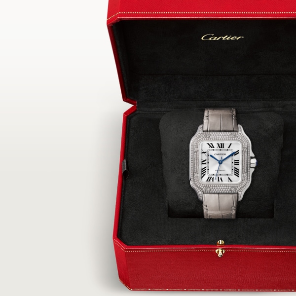 Montre Santos de Cartier Moyen modèle, mouvement automatique, or gris, diamants, 2 bracelets cuir interchangeables