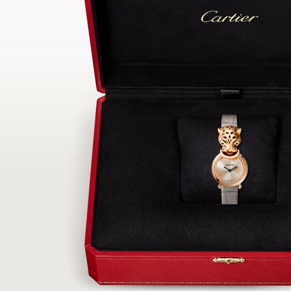 Montre La Panthère de Cartier Petit modèle, mouvement quartz, or rose, diamants, cuir