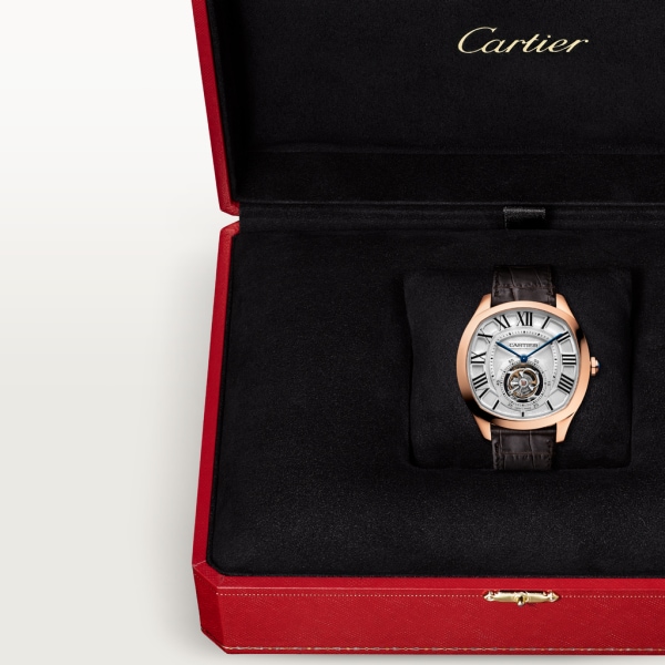 Drive de Cartier Flying Tourbillon watch Large model, hand-wound mechanical movement, rose gold, leather