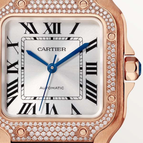 Montre Santos de Cartier Moyen modèle, mouvement automatique, or rose, diamants, 2 bracelets cuir interchangeables