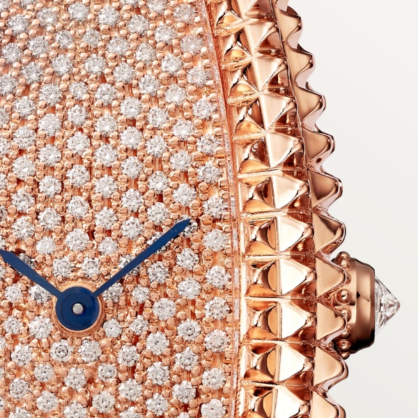 Reloj Baignoire Allongée Tamaño extra grande, movimiento mecánico de cuerda manual, oro rosa, diamantes