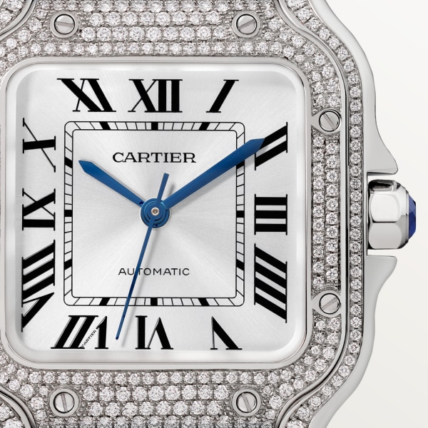 Santos de Cartier Mittleres Modell, Automatikwerk, Weißgold, Diamanten, zwei austauschbare Lederarmbänder