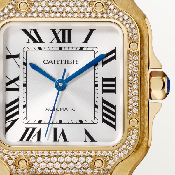 Santos de Cartier Mittleres Modell, Automatikwerk, Gelbgold, Diamanten, austauschbare Armbänder aus Metall und Leder