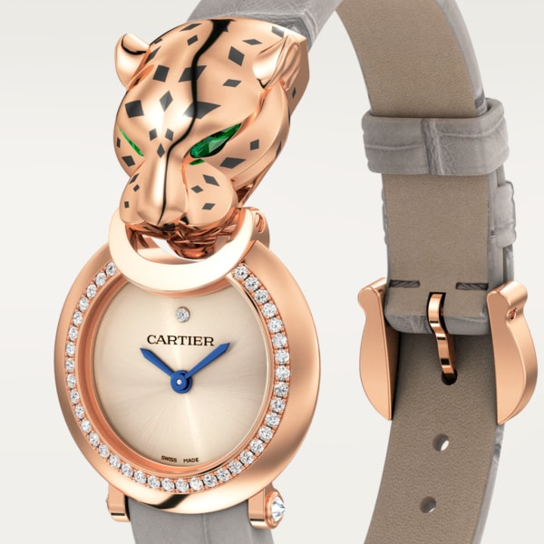 Reloj La Panthère de Cartier Tamaño pequeño, movimiento de cuarzo, oro rosa, diamantes, piel