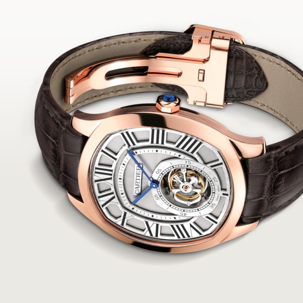 Reloj Drive de Cartier Tourbillon Volante Tamaño grande, movimiento mecánico de cuerda manual, oro rosa, piel