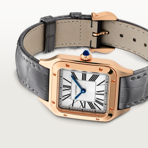 Reloj Santos-Dumont Tamaño pequeño, movimiento de cuarzo, oro rosa, piel
