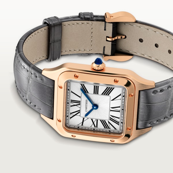Reloj Santos-Dumont Tamaño grande, movimiento de cuarzo, oro rosa, piel