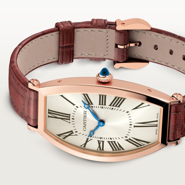 Tonneau Großes Modell, mechanisches Uhrwerk mit Handaufzug, Roségold, Leder