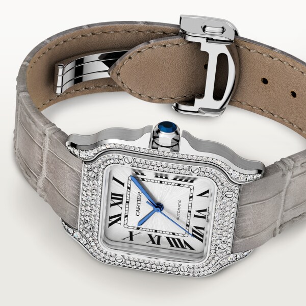 Reloj Santos de Cartier Tamaño mediano, movimiento automático, oro blanco, diamantes, dos correas de piel intercambiables