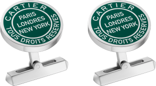 Double C de Cartier cufflinks with Stamp motif in silver and green lacquer. Sterling silver, palladium finish, green lacquer.