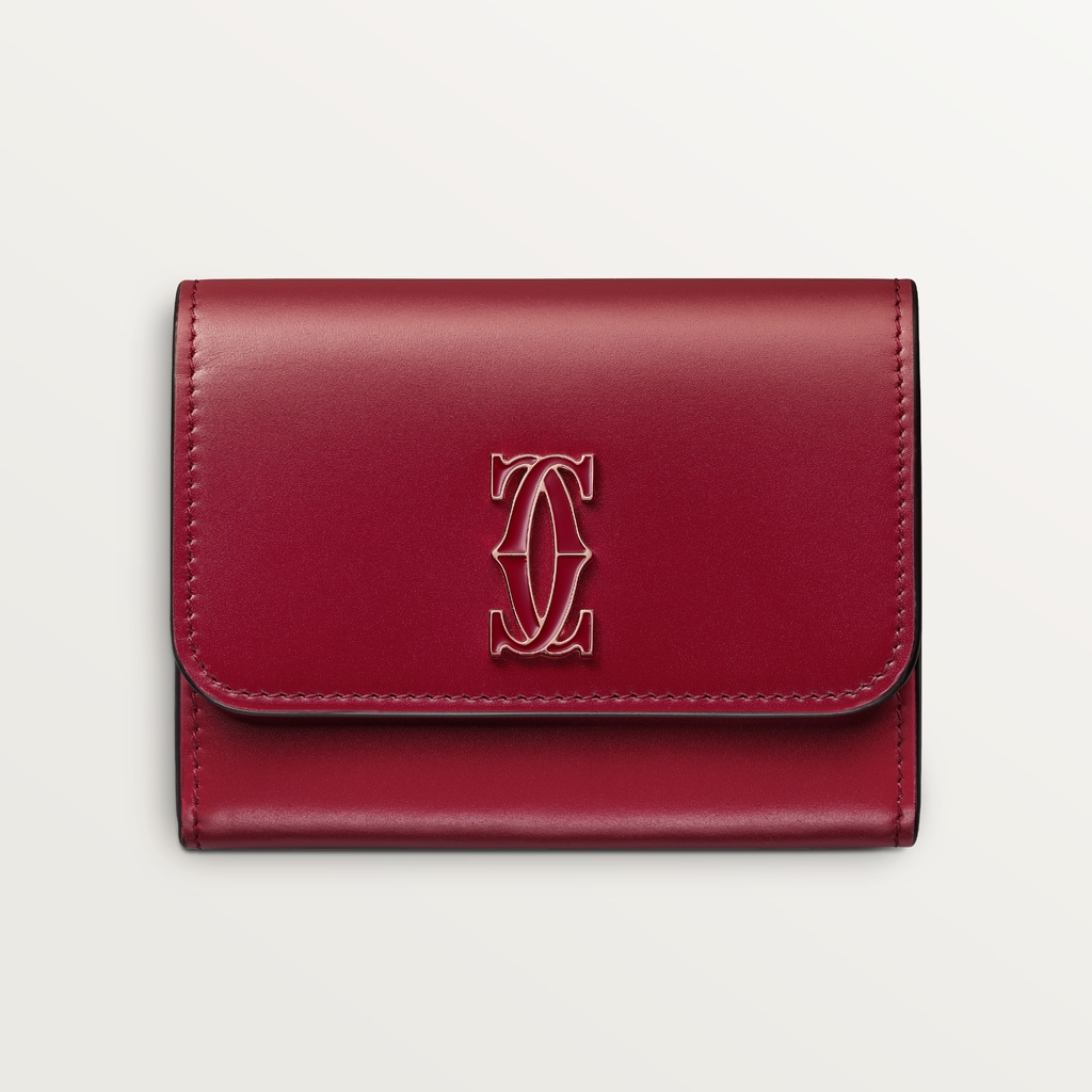 Mini wallet, C de CartierCherry red calfskin, gold and cherry red enamel finish