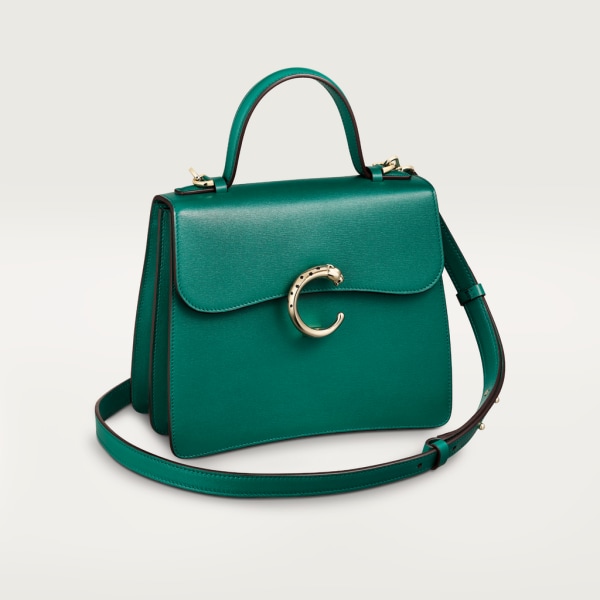 Top handle bag small model, Panthère de Cartier Dark green calfskin, golden finish
