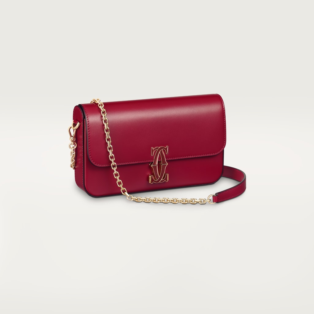 Mini model chain bag, C de CartierCherry red calfskin, gold and cherry red enamel finish