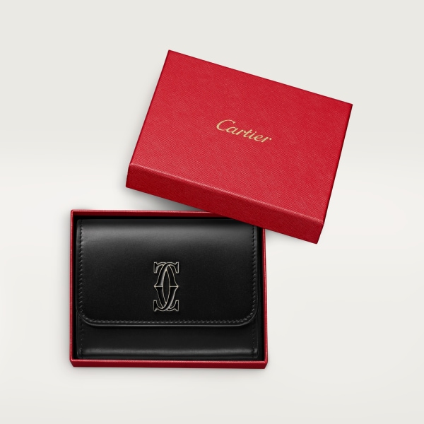 Portefeuille mini, Double C de Cartier Cuir de veau noir, finition dorée et émail noir