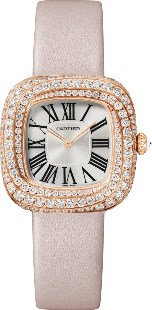 Reloj Coussin de CartierTamaño mediano, movimiento de cuarzo, oro rosa, diamantes, piel