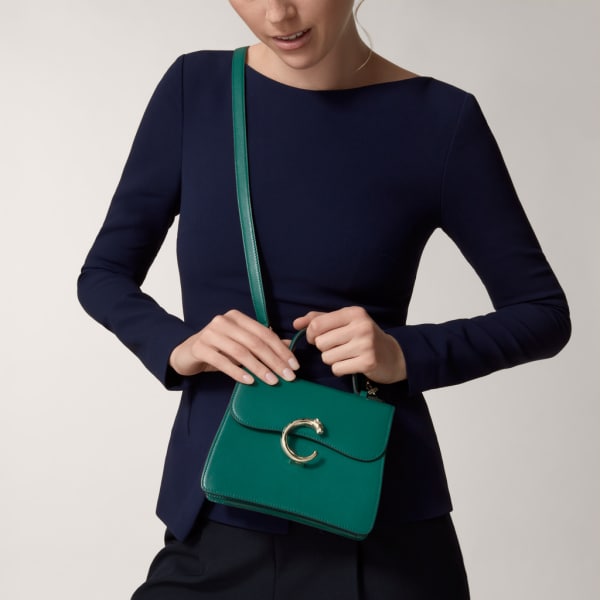 CRL1002327 - Top handle bag mini model, Panthère de Cartier - Dark green  calfskin, golden finish - Cartier