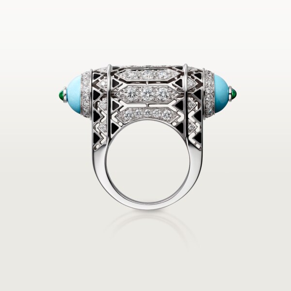 Geometry and Contrast ring White gold, turquoise, black lacquer, emerald cabochons, diamonds