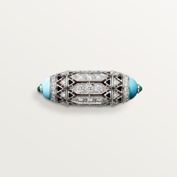 Geometry and Contrast ring White gold, turquoise, black lacquer, emerald cabochons, diamonds