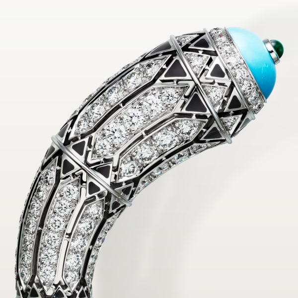 Bracelet Haute Joaillerie Or gris, turquoise, cabochons émeraudes, laque noire, diamants