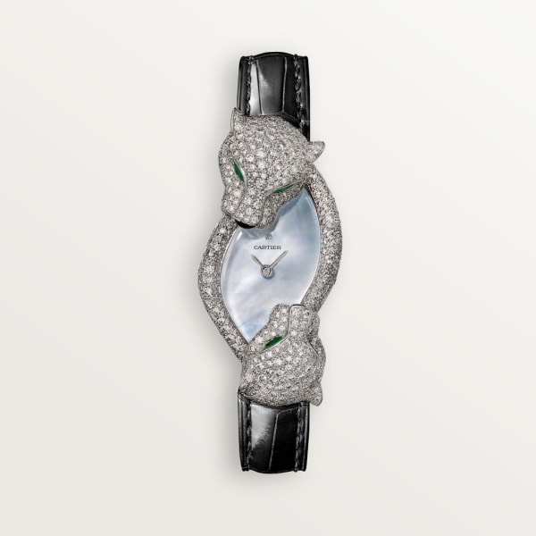 Reloj Joaillère Panthère Oro blanco, cuarzo, esmeraldas, laca negra, piel, diamantes