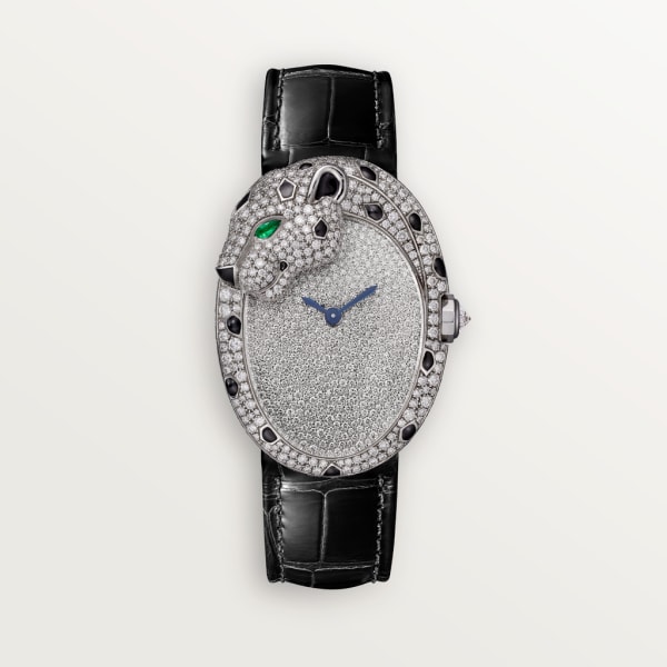 Panthère Jewellery Watches Large model, automatic movement, white gold, diamonds, emerald, lacquer
