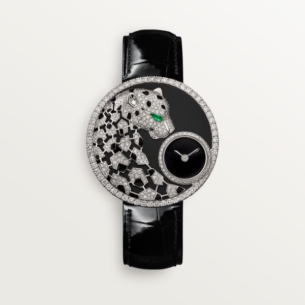 Reloj Joaillère Panthère 36 mm, movimiento de cuarzo, oro blanco, diamantes, esmeralda, laca, piel