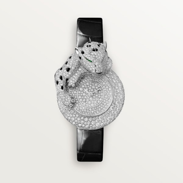 Panthère Jewellery Watches 28.4 mm, rhodium-finish white gold, diamonds, leather