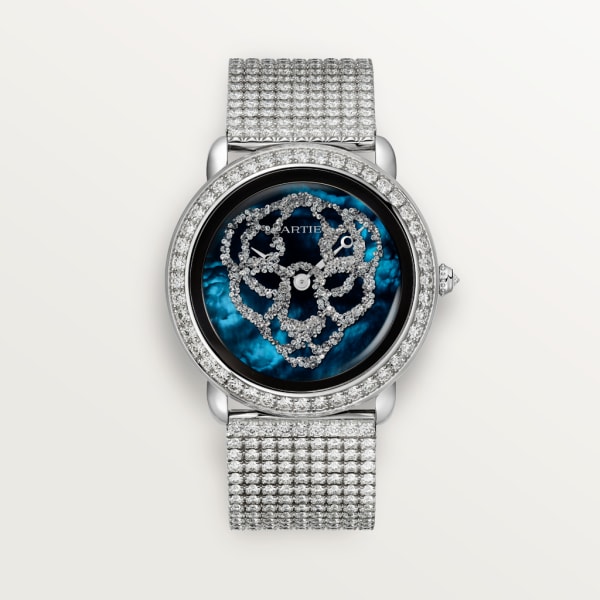 Révélation d'une Panthère watch 37mm, hand-wound movement, 18K white gold, diamonds, metal bracelet