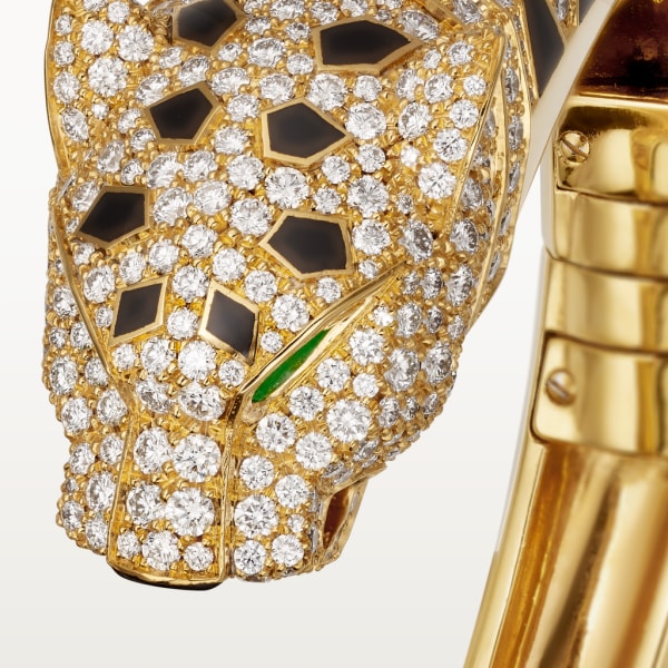 Reloj La Panthère de Cartier 18 mm, movimiento de cuarzo, oro amarillo, diamantes, esmeraldas, laca