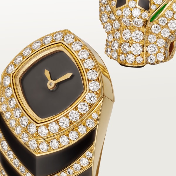 La Panthère de Cartier watch 18mm, quartz movement, yellow gold, diamonds, emeralds, lacquer
