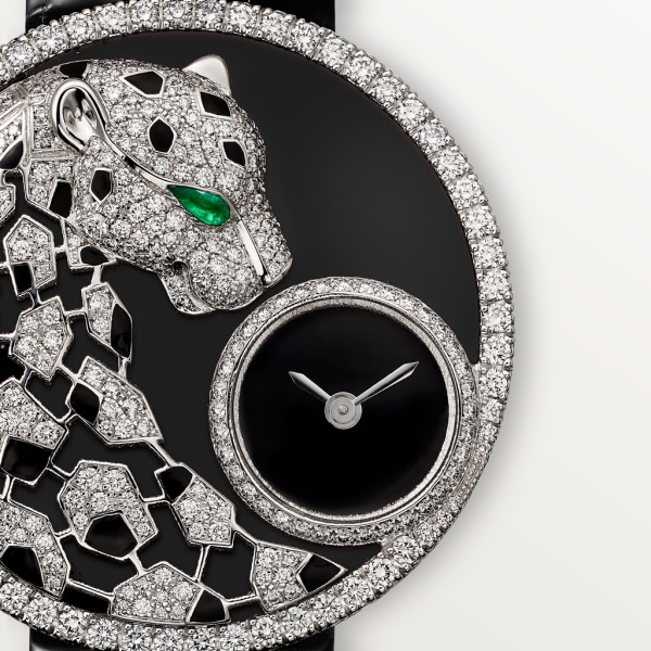 Reloj Joaillère Panthère 36 mm, movimiento de cuarzo, oro blanco, diamantes, esmeralda, laca, piel