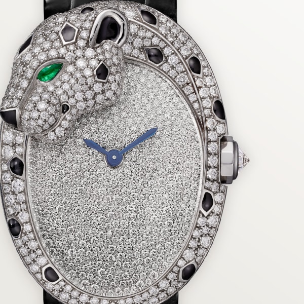 Reloj Joaillère Panthère Tamaño grande, movimiento automático, oro blanco, diamantes, esmeralda, laca