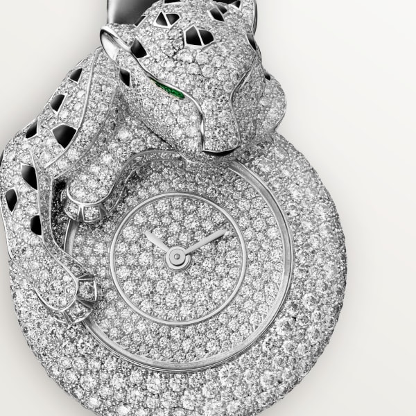 Reloj Joaillère Panthère 28,4 mm, oro blanco rodiado, diamantes, piel