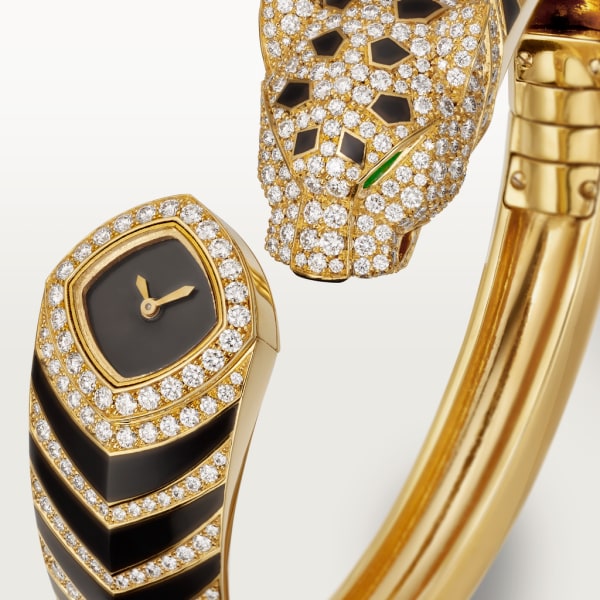 Uhr La Panthère de Cartier Kleines Modell, Quarzwerk, Gelbgold, Diamanten, Smaragde, Lack