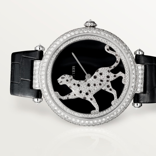 Reloj Joaillère Panthère 42 mm, movimiento automático, oro blanco, diamantes, piel