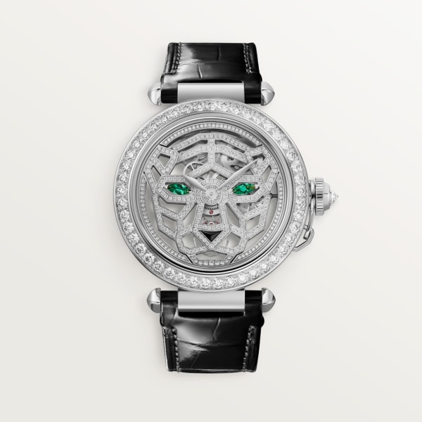 Panthère Jewellery Watches 41 mm, hand-wound movement, 18K white gold, diamonds, interchangeable leather straps