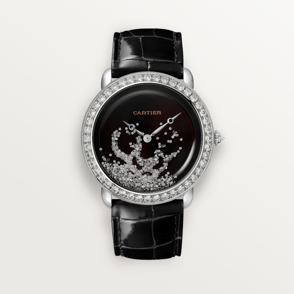Reloj Révélation d'une Panthère 37 mm, oro blanco rodiado, diamantes, piel