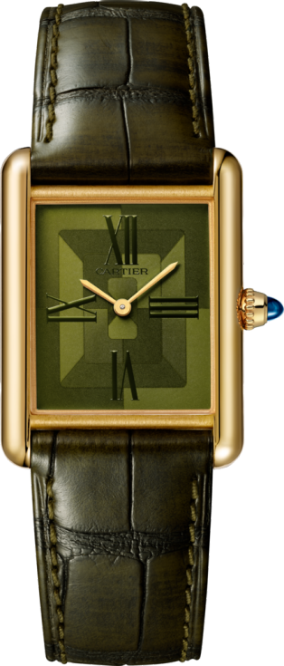 Reloj Tank Louis Cartier Tamaño grande, movimiento mecánico de cuerda manual, oro amarillo, piel